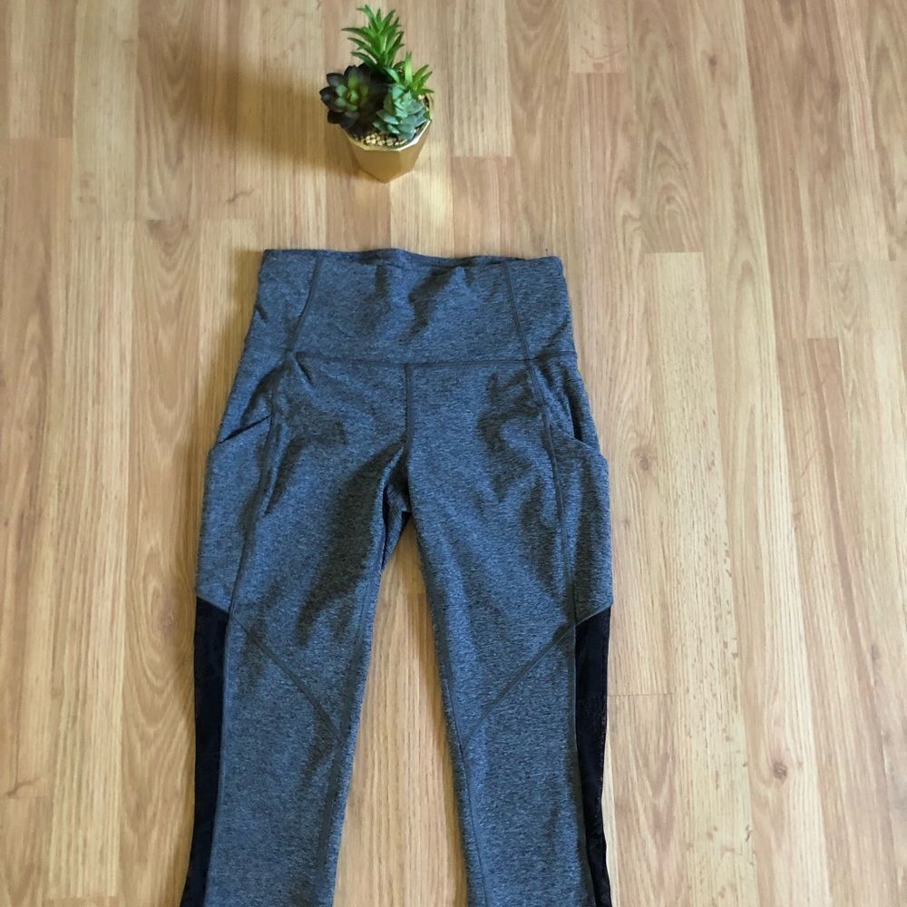 Lululemon Heathered Gray Black Mesh Detail Capri Leggings